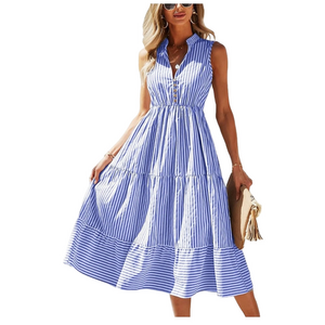 brovave Striped Blue Sleeveless tiered Midi Dress